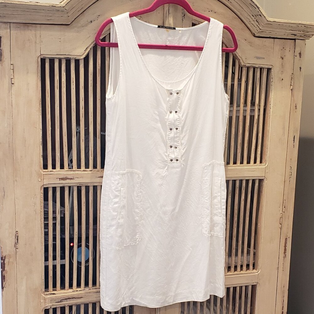 Elie Tahari White Loose Fitting Shift Summer Dress with Front Pockets